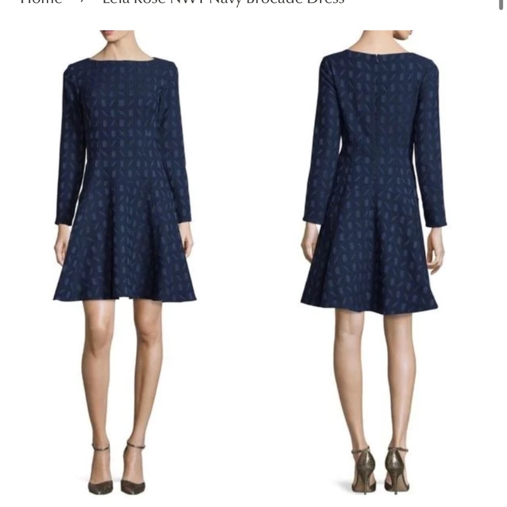 Lela Rose Navy Blue Brocade Long Sleeve Fit & Flare Boatneck Dress Size 6